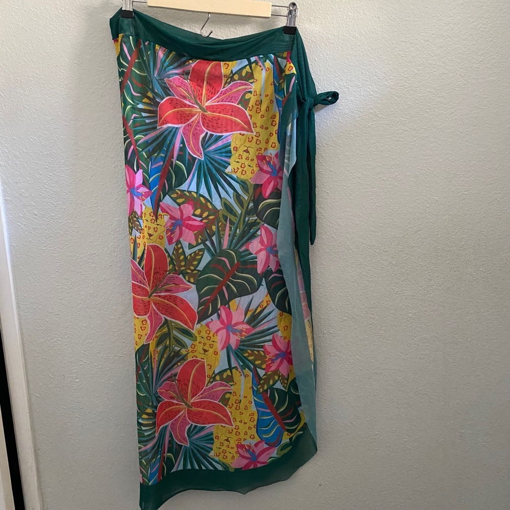 Tropical‎ Floral Leopard Mesh Wrap Skirt Green Pink XL Swim Cover Up